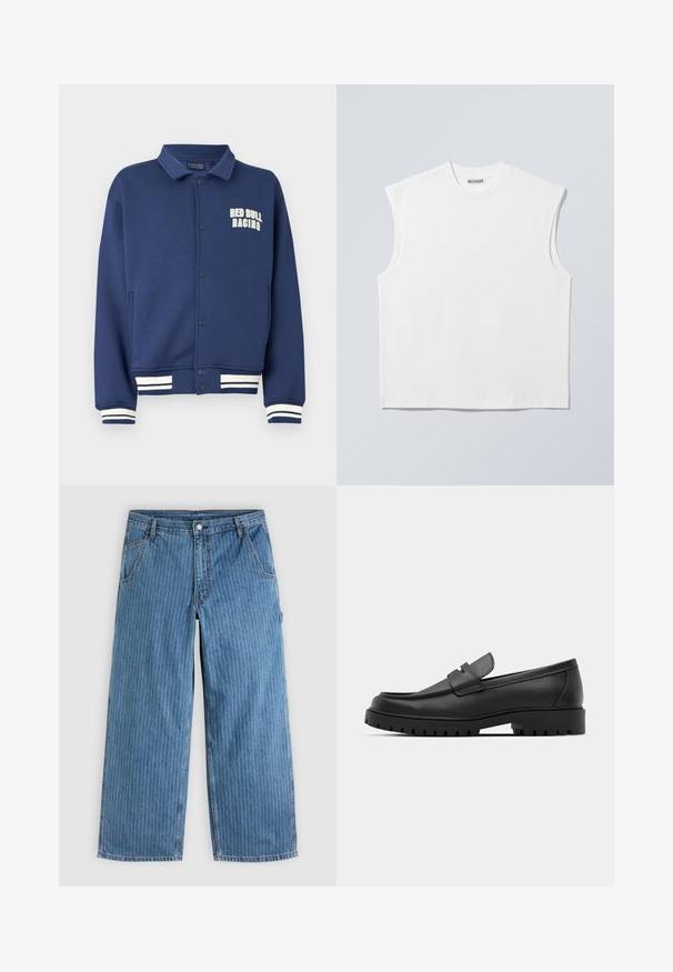 Marineblaues Sweatshirt mit einem Kragen, Druckknöpfen, Red Bull Racing-Logo und weißen gestreiften Bündchen am Saum und an den Ärmeln.; Weißes ärmelloses Baumwolltop mit Rundhalsausschnitt und strukturierten Schultern, mit "WEEKDAY" auf dem Kragenetikett versehen, vor hellgrauem Hintergrund dargestellt.; Blaue Jeans mit weitem Bein und dünnen weißen vertikalen Nadelstreifen, Vordertaschen, Gürtelschlaufen und einem Knopfverschluss in der Taille.; Schwarze Lederloafer mit runder Zehenform, ausgestattet mit einem gesteppten Design, niedrigem Plattformsohle und einer strukturierten, genoppten Gummisohle.