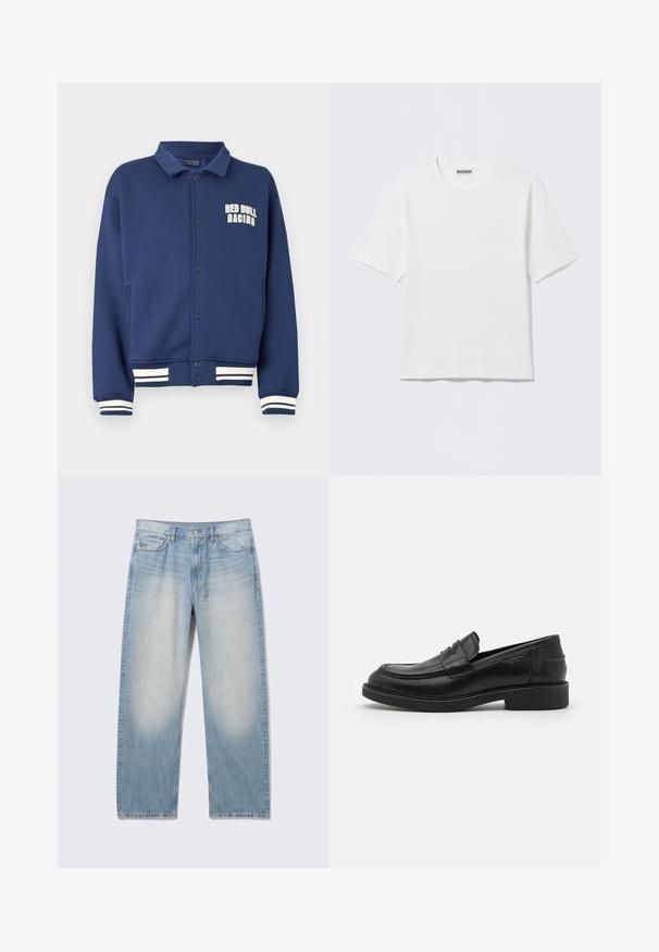 Sudadera azul marino con cuello en forma de solapa, botones a presión, logo de Red Bull Racing y puños con rayas blancas en el bajo y las mangas.; Camiseta blanca lisa de manga corta con cuello redondo y una pequeña etiqueta "WEEKDAY" en el interior del cuello trasero, mostrada sobre una superficie plana.; Vaqueros de mezclilla de pierna recta de color azul claro con muslos delanteros desteñidos, estilo de cinco bolsillos, cierre de botón y trabillas para cinturón.; Mocasines de cuero negro con puntera redondeada, costuras tonales y un detalle de tira en la parte frontal. Suela de goma con un tacón bajo.