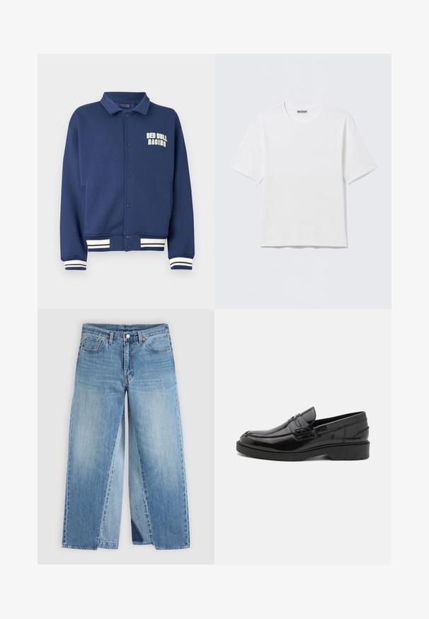 Marineblaues Sweatshirt mit einem Kragen, Druckknöpfen, Red Bull Racing-Logo und weißen gestreiften Bündchen am Saum und an den Ärmeln.; Schlichtes weißes T-Shirt mit kurzen Ärmeln und Rundhalsausschnitt, mit einem kleinen "WEEKDAY"-Etikett an der Innenseite des Rückenkragens, auf einer flachen Oberfläche liegend dargestellt.; Jeans mit geradem Bein aus blauem Denim, klassischem Fünf-Taschen-Design und vorderem Knopfverschluss, flach auf neutralem Hintergrund dargestellt.; Schwarze Lederloafers mit glatter Oberfläche, abgerundetem Zehenbereich, niedrigem Absatz und dekorativer Naht entlang der Vorderseite. Gummisohle für guten Halt.