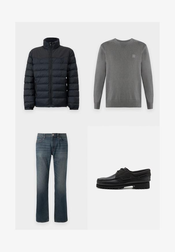 Zwarte pufferjack met een hoge kraag, horizontale stiknaad, rits aan de voorkant en elastische manchetten. Glad, geïsoleerd stofontwerp.; TOM TAILOR WASHED CREWNECK - Trui - dark grey; Donkerblauwe spijkerbroek met een recht model. Kenmerken zijn onder andere vijf zakken, contrasterende stiksels, en een sluiting met een knoop en rits aan de voorkant.; Zwarte schoen met een leren bovenzijde, textiele accenten, ronde veters en een getextureerde rubberen zool. Voorzien van mocassin-stiksel en merkdetails.