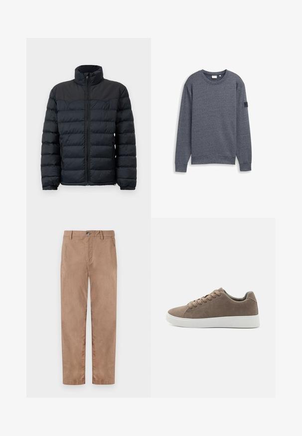 Sort pufferjakke med høj krave, vandret syninger, lynlås foran og elastiske manchetter. Glat, isoleret stofdesign.; Grå langærmet sweatshirt lavet af tekstureret stof med rund hals og ribbede manchetter. Har et minimalistisk design uden udsmykninger.; TOM TAILOR REGULAR WASHED - Chino - caribou beige; Brune ruskinds sneakers med flade hvide gummisåler, snørelukning, rund tå og en glat overflade. Minimalistisk stil med diskrete syninger.