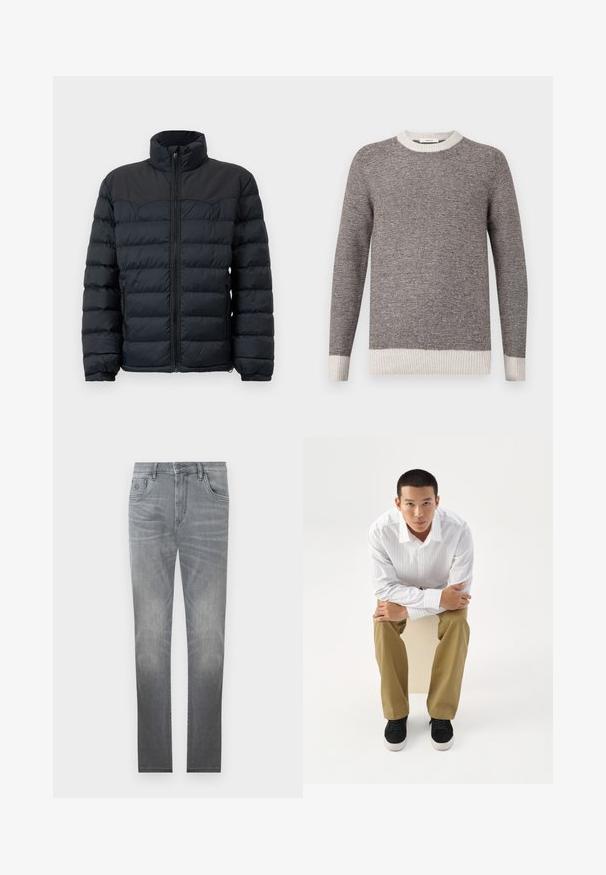Doudoune noire avec un col haut, des coutures horizontales, une fermeture éclair à l'avant et des poignets élastiques. Conception en tissu lisse et isolé.; Pull rayé gris et crème, avec un col rond côtelé et des poignets. Texture douce avec des rayures horizontales, présentant une coupe décontractée.; Jeans en denim gris avec un design délavé, style à cinq poches, fermeture à bouton et coupe droite. Texture lisse avec un léger vieillissement sur les bords.; Jeune homme en chemise blanche rayée et pantalon kaki assis penché en avant sur un tabouret, bras croisés, regardant droit devant sur un fond blanc.