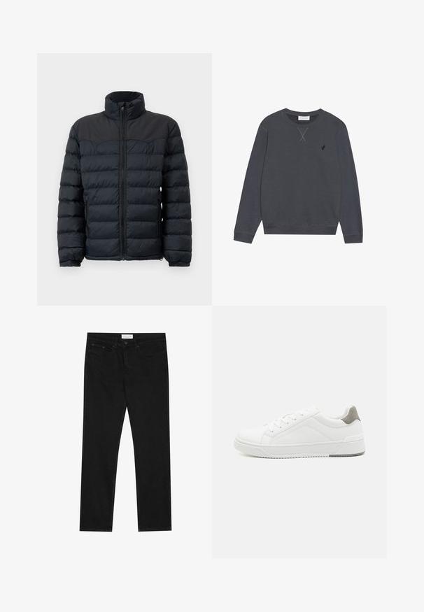 Zwarte pufferjack met een hoge kraag, horizontale stiknaad, rits aan de voorkant en elastische manchetten. Glad, geïsoleerd stofontwerp.; Donkergrijze sweatshirt, van katoen, met ronde hals, lange mouwen, heeft X-stiksel-details op de halslijn, klein logo op de linkerborst.; Zwarte straight-leg jeans met een vijf-pocket ontwerp, knoop- en ritssluiting, en een Pier One merklabel op de tailleband.; Witte sneaker van glad leer met een ronde neus, minimalistisch ontwerp, grijze hielaccent en een geplaatste rubberen zool.
