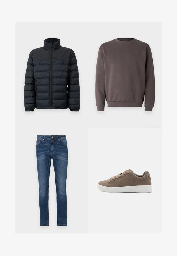 Zwarte pufferjack met een hoge kraag, horizontale stiknaad, rits aan de voorkant en elastische manchetten. Glad, geïsoleerd stofontwerp.; Grijs katoenen sweatshirt met een ronde hals, geribde manchetten en zoom. Bevat een klein, ton-sur-ton logo op de borst. Zachte textuur.; Donkerblauwe denim jeans met een rechte pijp, vijf zakken, subtiele vervaging, contrasterende stiksels en een knoopsluiting in de taille.; Bruine suède sneakers met platte witte rubberen zolen, vetersluiting, ronde neus en een gladde textuur. Minimalistische stijl met subtiele stikdetails.