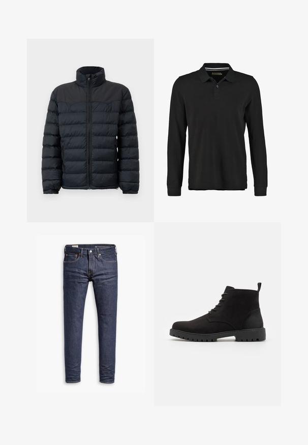 Mustmust puffer-jakk, millel on kõrge krae, horisontaalne õmblus, eesmine lukustus ja elastsed mansetid. Sile, soojustatud kanga disain.; Must have pikkade varrukatega must polo särg, mis on valmistatud puuvillast. Omab kahte nööpidega avatavat klappi, soonikkoes kraed ja diskreetset triibu detaili krae all.; Tumedad sinised slim-fit Levi's Performance teksad viie taskuga ja nähtava õmblusega valge tausta peal.; Mustadest nahast pahkluu saapad, ümarate varvastega, paelatega disain, kummist tallad, millel on mustrid, ja kandjal tõmbeaas lihtsaks selga panemiseks.