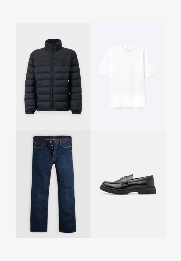 Chaqueta de plumas negra con un cuello alto, costuras horizontales, cierre frontal con cremallera y puños elásticos. Diseño de tejido liso e insulated.; Camiseta lisa blanca de manga corta y cuello redondo con un corte relajado, mostrada sobre un fondo claro.; Vaqueros de mezclilla de color azul oscuro con corte recto, cinco bolsillos y costuras doradas. Presentan una bragueta con botones y remaches de cobre. Textura suave.; Mocasin de cuero negro con una cinta ancha en el empeine, suela de goma con tacos gruesos y textura suave. Diseño clásico y elegante.