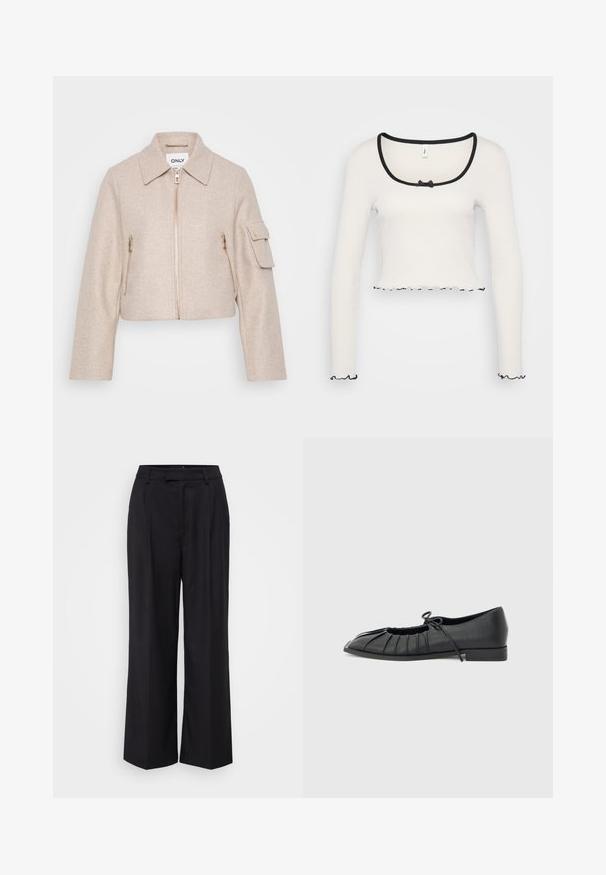 Chaqueta recortada beige con cuello, cierre frontal de cremallera y dos bolsillos con cremallera. La tela tiene una textura suave; presenta acentos de hardware dorado.; Top corto de manga larga blanco con un amplio escote redondeado ribeteado en negro, un detalle de lazo en el centro y borde negro con volantes en los puños y en el dobladillo.; Pantalones negros de tiro alto y pierna ancha con passantes para cinturón y pliegues frontales, exhibidos sobre un fondo blanco liso.; Zapato plano negro con diseño delantero plisado y un lazo atado en la parte superior, tacón bajo y textura lisa sobre un fondo gris claro.