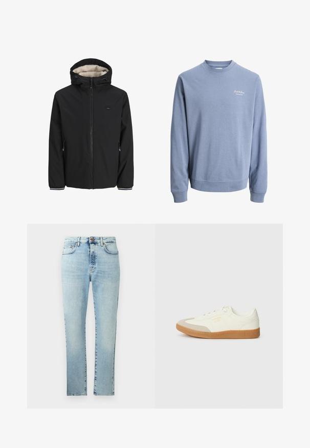 Zwarte geïsoleerde jas met een zachte crèmekleurige voering, verstelbare capuchon, voorrits en zijzakken. Voorzien van elastische manchetten met gestreepte accenten.; Lichtblauwe sweat met ronde hals, lange mouwen en een klein "Jack & Jones Archive Selection" logo op de linkerborst.; Lichtblauwe spijkerbroek met rechte pijpen, vijfzakkenontwerp en een sluiting met een messing knoop. Voorzien van subtiele vervagingen en stikseldetails.; Schoen gemaakt van wit leer met een beige teenkap en een lichtbruine rubberen zool. Voorzien van platte witte veters en reliëfbranding aan de zijkant.