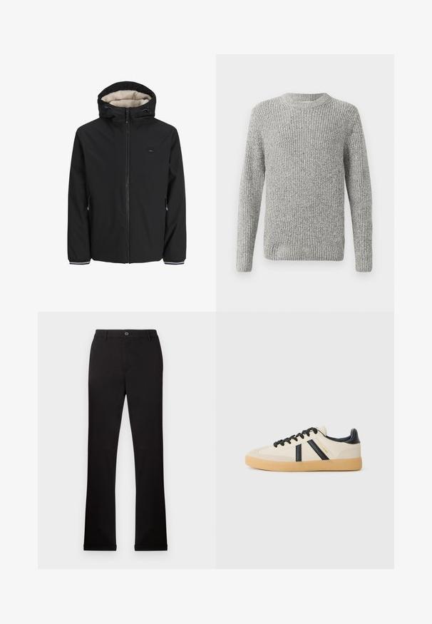 Chaqueta negra aislante con un forro de crema esponjoso, capucha ajustable, cremallera frontal y bolsillos laterales. Presenta puños elásticos con acentos a rayas.; Suéter gris de punto, con mangas largas, cuello redondo y puños y dobladillo acanalados. La textura es gruesa y texturizada, adecuada para climas más frescos.; Pantalones de algodón negros con piernas rectas, cierre de botón y cremallera, y bolsillos laterales. Textura suave, sin patrones o acentos visibles.; Zapatillas casuales en crema con rayas negras, con parte superior texturizada y suela de goma. Los cordones son negros. Logo sutil en el costado.