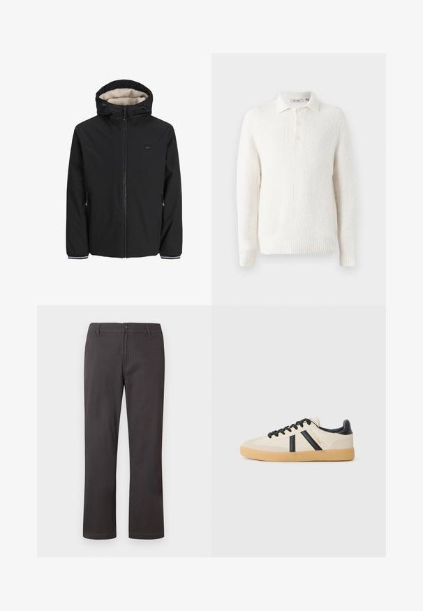 Chaqueta negra aislante con un forro de crema esponjoso, capucha ajustable, cremallera frontal y bolsillos laterales. Presenta puños elásticos con acentos a rayas.; Suéter de punto blanco con un acabado texturizado, cuello con solapa y tapeta de tres botones. El diseño se completa con un dobladillo y puños acanalados.; Pantalones gris oscuro de corte recto con cierre de botones, presillas para cinturón y costuras frontales sutiles sobre un fondo blanco.; Zapatillas casuales en crema con rayas negras, con parte superior texturizada y suela de goma. Los cordones son negros. Logo sutil en el costado.