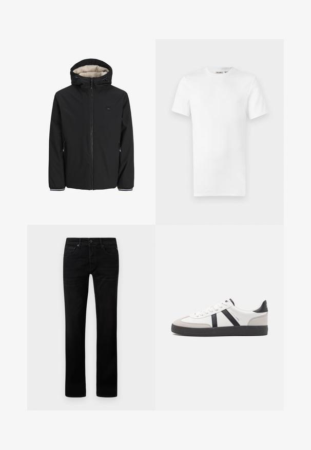 Sort isoleret jakke med en fluffy cream-farvet foring, justerbar hætte, frontlynlås og sidelommer. Har elastiske manchetter med stribede detaljer.; Hvid, kortærmet T-shirt med rund hals og et lille brandlabel inde i kraven, vist på en hvid baggrund.; Sorte denimjeans med lige ben-design. Har lynlås, fem lomme-stil og minimal slitage på stoffet.; Hvide sneakers med sorte og grå detaljer, med en tekstureret grå tåhætte, sort gummisål og flade hvide snørebånd. Rent design, minimalistisk stil.