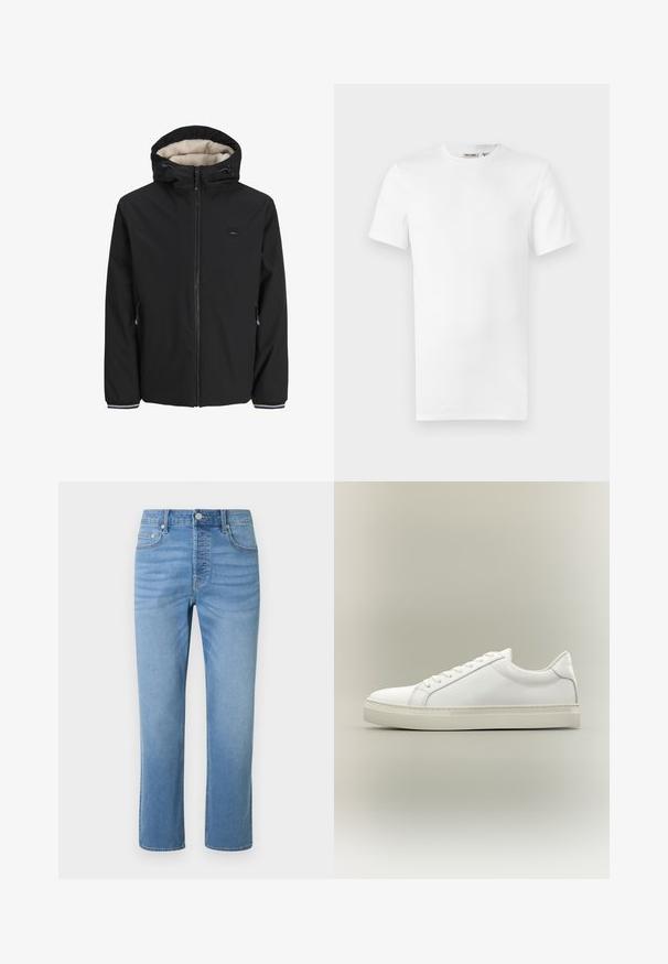 Zwarte geïsoleerde jas met een zachte crèmekleurige voering, verstelbare capuchon, voorrits en zijzakken. Voorzien van elastische manchetten met gestreepte accenten.; Effen wit T-shirt met korte mouwen en een ronde hals, met een klein merklintje aan de binnenkant van de kraag, weergegeven op een witte achtergrond.; Lichtblauwe denim spijkerbroek met rechte pijpen, voorzakken, riemlussen, knoopsluiting en subtiele vervaging rond de heupen en dijen.; Witte lage sneaker met veters aan de voorkant en dikke zool, zijaanzicht tegen een neutrale achtergrond.
