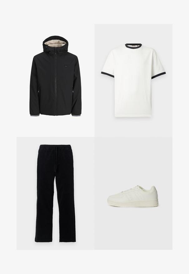 Zwarte geïsoleerde jas met een zachte crèmekleurige voering, verstelbare capuchon, voorrits en zijzakken. Voorzien van elastische manchetten met gestreepte accenten.; Witte T-shirt met korte mouwen en zwarte rand aan de ronde hals en mouwboorden, afgebeeld op een effen lichtgrijze achtergrond.; Zwarte corduroybroek met een trekkoord in de taille, rechte pasvorm, zachte textuur en zonder zichtbare zakken of versieringen.; Witte sneakers met een gladde lederen textuur, vetersysteem, geperforeerde details en drie diagonale stripes aan de zijkant. Rubberen zool.