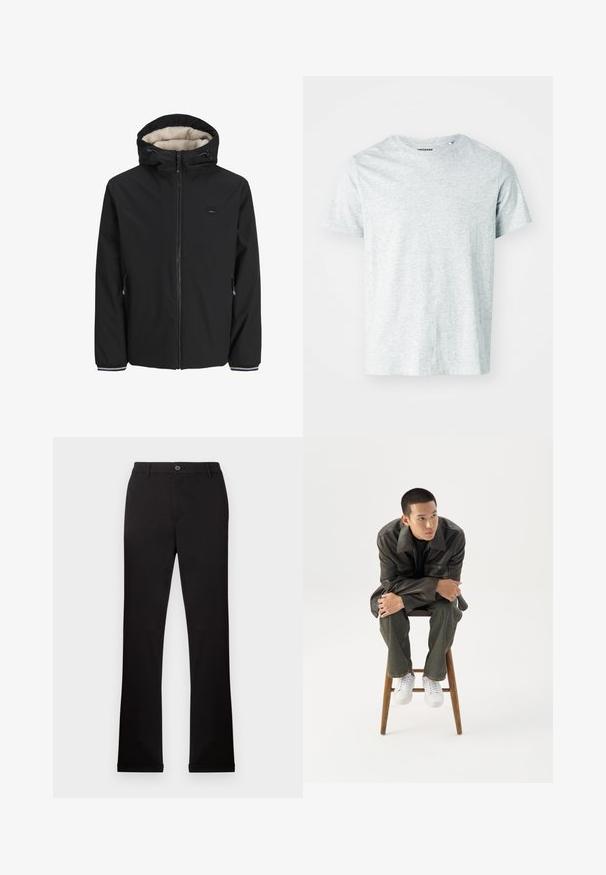 Sort isoleret jakke med en fluffy cream-farvet foring, justerbar hætte, frontlynlås og sidelommer. Har elastiske manchetter med stribede detaljer.; Lys grå, kortærmet t-shirt lavet af blødt stof, med en rund hals og en let afslappet pasform. Ingen synlige mønstre eller grafik.; Sorte bomuldsbukser med lige ben, en knap- og lynlåslukning samt sidelommer. Glat tekstur, ingen synlige mønstre eller accenter.; Ung mand i mørk læderjakke og jeans sidder på en træskammel, læner sig fremad med armene krydset og kigger til siden mod hvid baggrund.