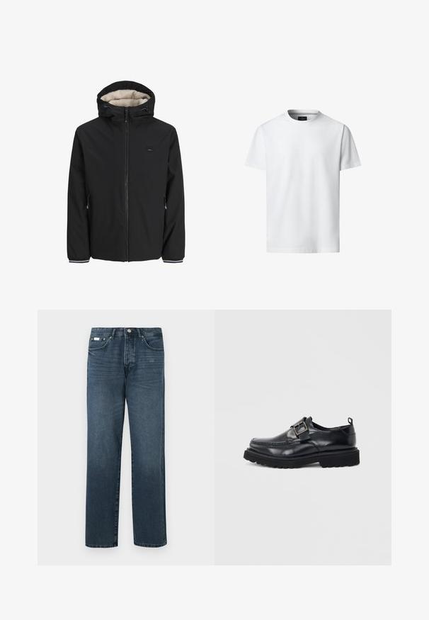 Sort isoleret jakke med en fluffy cream-farvet foring, justerbar hætte, frontlynlås og sidelommer. Har elastiske manchetter med stribede detaljer.; Hvid, kortærmet T-shirt med rund hals, vist forfra på hvid baggrund med synligt mærke indeni kraven.; Mørkeblå denimbukser med lige pasform, fem lommer, bæltestropper og lynlås. Glat tekstur med subtile blegede detaljer.; Sort læderloafer med tyk sål og sølvspændebånd på siden mod hvid baggrund.