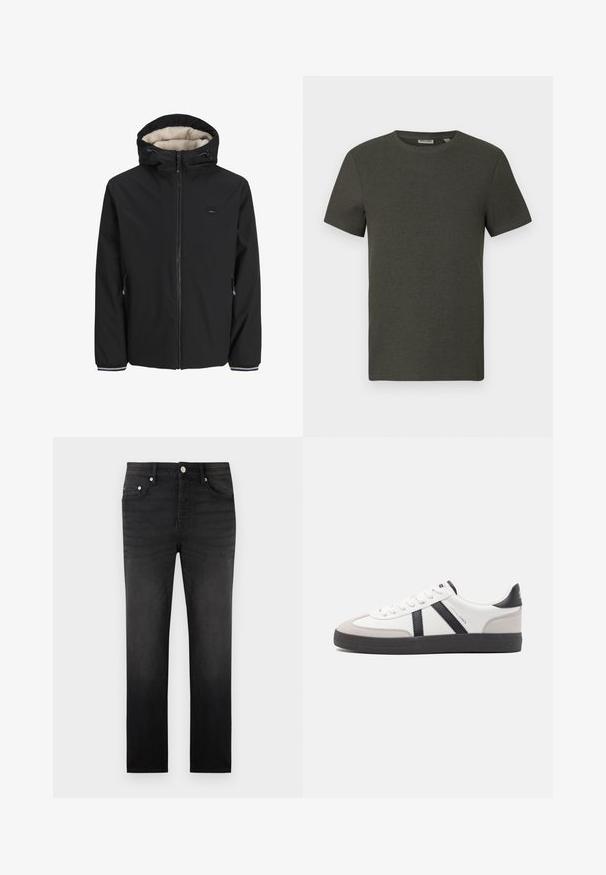 Schwarze isolierte Jacke mit einem flauschigen cremefarbenen Futter, verstellbarem Kapuzenkragen, Reißverschluss vorne und seitlichen Taschen. Verfügt über elastische Bündchen mit gestreiften Akzenten.; Dunkelgrünes T-Shirt mit kurzen Ärmeln und rundem Ausschnitt, aus geripptem Material; zeichnet sich durch ein einfaches, minimalistisches Design ohne Muster aus.; Schwarze, schmal geschnittene Jeans mit fünf Taschen, Knopf- und Reißverschluss sowie Gürtelschlaufen, dargestellt vor weißem Hintergrund.; Weiße Sneaker mit schwarz- und grau-aczenten, ausgestattet mit einer strukturierten grauen Zehenkappe, schwarzer Gummi-Sohle und flachen weißen Schnürsenkeln. Sauberes Design, minimalistische Stil.