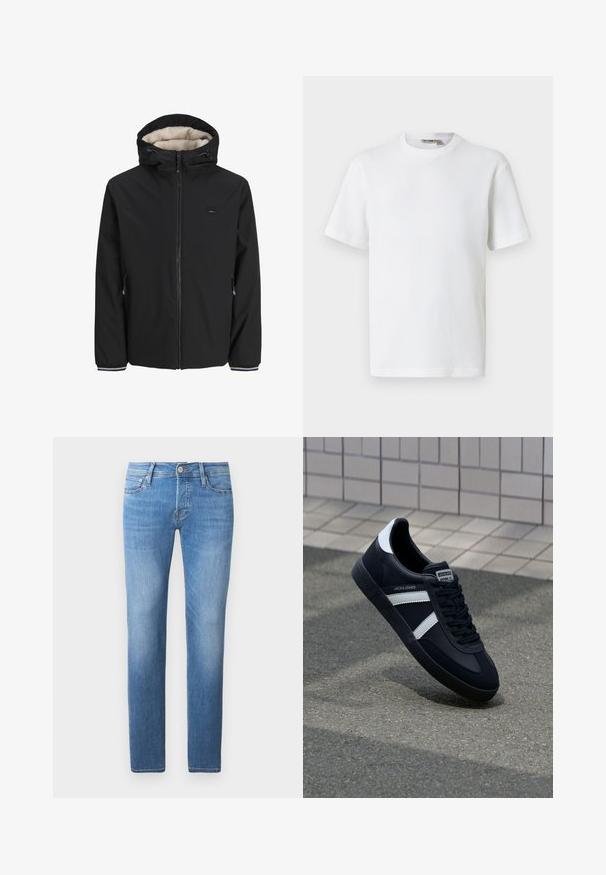 Zwarte geïsoleerde jas met een zachte crèmekleurige voering, verstelbare capuchon, voorrits en zijzakken. Voorzien van elastische manchetten met gestreepte accenten.; Wit T-shirt met korte mouwen, wafelstructuur en ronde hals, met een klein merkembleem aan de binnenkant van de kraag, afgebeeld op een effen achtergrond.; Lichtblauwe denim jeans met een rechte pijp, voorzien van een knoop- en ritsluiting, vijf zakken en subtiele vervaging.; Zwarte leren sneaker met witte strepen, een gestructureerde rubberen zool en vetersluiting aan de voorkant. Voorzien van een merklabel op de tong.
