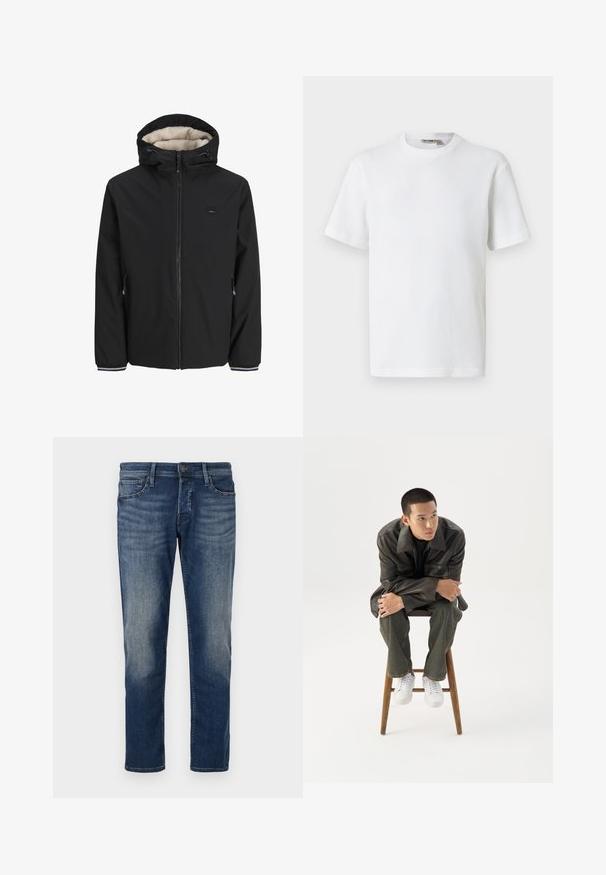 Sort isoleret jakke med en fluffy cream-farvet foring, justerbar hætte, frontlynlås og sidelommer. Har elastiske manchetter med stribede detaljer.; Hvid kortærmet t-shirt i vaffelmønster med rund hals og et lille mærke med brandnavn inde i kraven, vist på en ensfarvet baggrund.; Mørkeblå denimjeans med klassisk pasform, fem-lommer design, subtilt slid på lårene og lige ben. Metalknaplukning.; Ung mand i mørk læderjakke og jeans sidder på en træskammel, læner sig fremad med armene krydset og kigger til siden mod hvid baggrund.