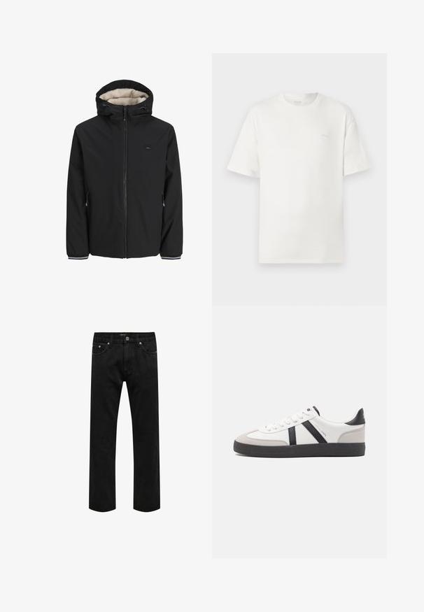 Chaqueta negra aislante con un forro de crema esponjoso, capucha ajustable, cremallera frontal y bolsillos laterales. Presenta puños elásticos con acentos a rayas.; Camiseta blanca de algodón con un corte relajado, cuello redondo, mangas cortas y un logotipo sutil en el pecho. Textura suave, diseño minimalista.; Jeans de denim negros de pierna recta con diseño clásico de cinco bolsillos y cierre de botón en la cintura, mostrados planos sobre un fondo blanco.; Zapatilla blanca con acentos en negro y gris, que presenta una puntera texturizada en gris, suela de goma negra y cordones planos blancos. Diseño limpio, estilo minimalista.