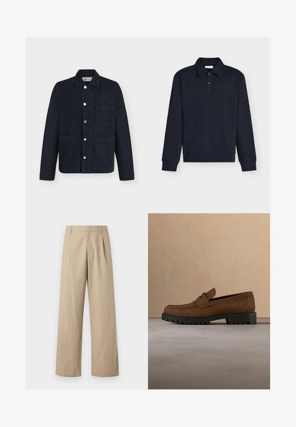 Veste noire avec col, fermeture à boutons devant et trois grandes poches, présentée à plat sur fond blanc.; Polo manches longues bleu marine foncé avec col et deux boutons sur la patte, poignets et ourlet en côte, présenté sur fond blanc.; Pantalon beige à jambes larges avec passants de ceinture, fermeture éclair devant, et plis, présenté sur fond blanc.; Mocassin en cuir marron foncé avec semelle épaisse en caoutchouc noir présenté au-dessus d’un tapis beige et d’un canapé en arrière-plan.