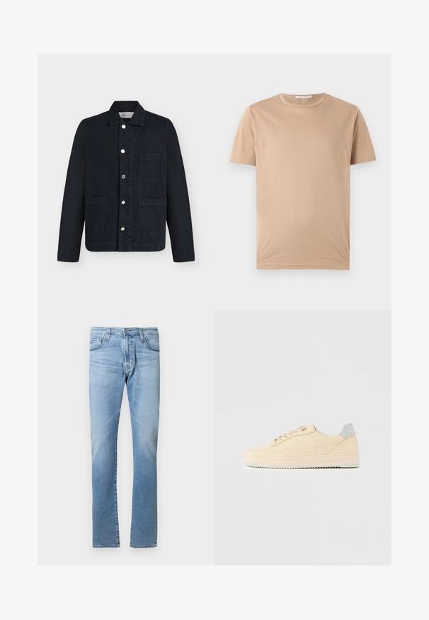 Veste noire avec col, fermeture à boutons devant et trois grandes poches, présentée à plat sur fond blanc.; T-shirt beige à manches courtes avec col rond, ourlet droit et petite étiquette de marque à l'intérieur du col.; Jean en denim bleu clair avec une coupe droite, design à cinq poches et fermeture par bouton à la taille. Texture lisse avec un léger effet délavé.; Baskets basses beige à lacets, semelle rose clair et languette grise à l'arrière marquée "Filling Pieces", vues de profil sur fond uni.