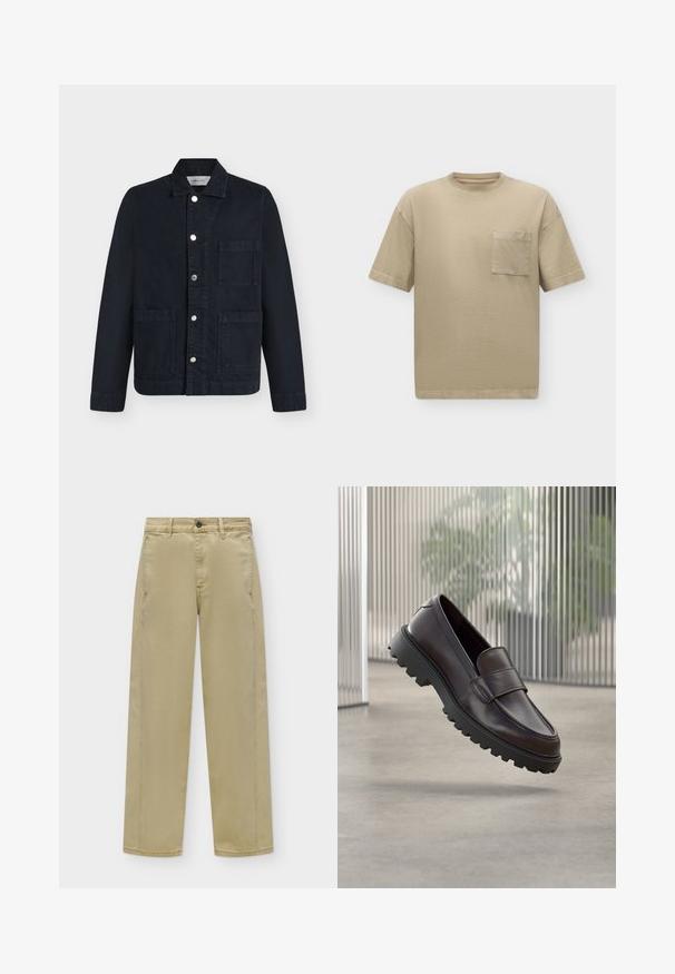 Veste noire avec col, fermeture à boutons devant et trois grandes poches, présentée à plat sur fond blanc.; T-shirt beige à manches courtes avec un col rond et une petite poche poitrine sur le côté gauche sur un fond clair.; Pantalon beige droit avec passants de ceinture, bouton à l'avant, fermeture éclair et poches latérales sur un fond uni.; Chaussure à enfiler en cuir marron avec un bout rond et une semelle en caoutchouc noire robuste. Présente une bride décorative traversant le coup de pied.