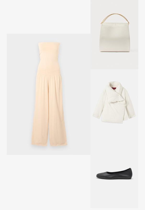 Doudoune blanche avec un large col replié, design asymétrique et fermeture latérale avec un anneau en métal. Texture lisse et brillante.; Combinaison beige bustier avec corsage ajusté et pantalons larges, froncée à la taille, présentée sur un fond gris clair.; Ballerines en cuir noir avec un bout rond, texture lisse, détails de couture minimalistes et design de semelle flexible.; Sac à main structuré en finition satinée, de couleur crème, avec une bandoulière chaîne. Présente une texture plate et lisse ainsi que des coutures nettes.