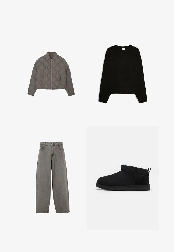 Veste grise matelassée avec fermeture éclair frontale, col et deux poches latérales, présentant un petit emblème brodé sur la poitrine.; Pull noir à manches longues en maille avec poignets, ourlet et col rond côtelés, posé à plat sur fond blanc.; Pantalon en denim gris avec taille haute, jambes larges, design classique à cinq poches et fermeture à bouton à l'avant. Fini légèrement texturé.; Bottines noires en daim avec une doublure douce et texturée, une semelle en caoutchouc basse et une languette à l'arrière pour un enfilage facile.