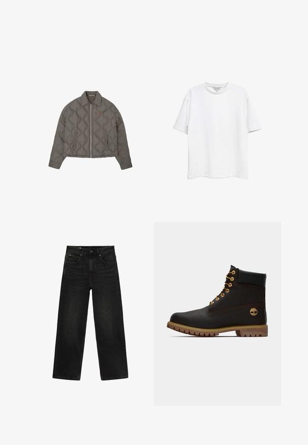 Veste grise matelassée avec fermeture éclair frontale, col et deux poches latérales, présentant un petit emblème brodé sur la poitrine.; T-shirt blanc uni à manches courtes et col rond, coupe ample, avec une petite étiquette à l'intérieur du col.; Jean noir droit avec poches avant, passants de ceinture et fermeture à bouton, présenté à plat sur fond blanc.; Bottine noire en cuir avec œillets dorés, accents marron et semelle en caoutchouc. Comprend un col rembourré et un logo estampé sur le côté.