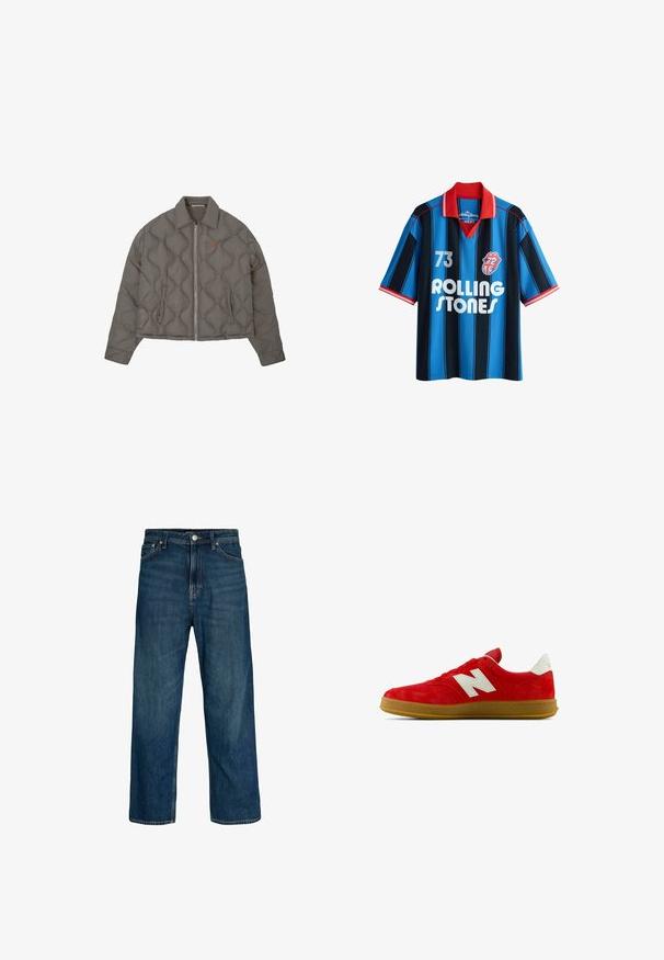 Veste grise matelassée avec fermeture éclair frontale, col et deux poches latérales, présentant un petit emblème brodé sur la poitrine.; T-shirt des Rolling Stones à rayures verticales bleu et noir avec col rouge, bordure rouge aux manches, numéro 73 et logo langue avec drapeau britannique.; Jean droit bleu pour homme avec cinq poches et fermeture par bouton, présenté sur un fond blanc.; Baskets en suède rouge avec logo blanc, dotées d'une semelle en caoutchouc, d'un design à lacets et d'une cheville rembourrée pour un meilleur soutien.