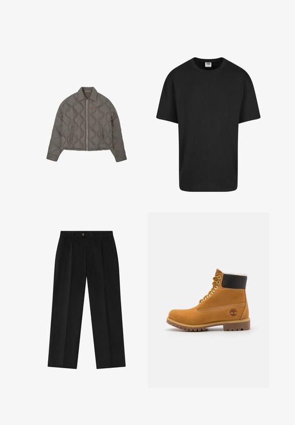 Veste grise matelassée avec fermeture éclair frontale, col et deux poches latérales, présentant un petit emblème brodé sur la poitrine.; T-shirt noir au design classique à col rond. Fabriqué en coton doux, il présente des manches courtes et une coupe décontractée sans motifs visibles.; Pantalon en velours côtelé noir avec une coupe droite, comprenant une fermeture à bouton, deux plis avant et des poches latérales. Texture douce et finition lisse.; Bottine en cuir brun avec œillets en métal, doublure en fourrure blanche, col rembourré noir, semelle robuste et logo en relief sur le côté.