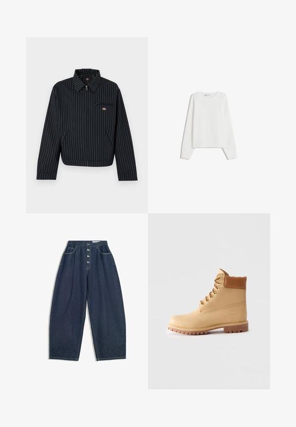 Veste noire zippée avec fines rayures blanches, col pointu, poche poitrine zippée et deux poches latérales, avec un petit logo circulaire de la marque.; Pull en tricot blanc avec des manches longues, un col rond, des poignets et un ourlet côtelés. Texture douce, coupe ample, sans motifs ni accents visibles.; Pantalons en denim bleu foncé à jambes larges avec une taille haute, fermeture à cinq boutons et cinq poches. Présente des accents de couture sur les coutures.; Bottes ankle en cuir marron clair avec col rembourré, œillets dorés, lacets tan et semelle crantée épaisse sur fond clair.