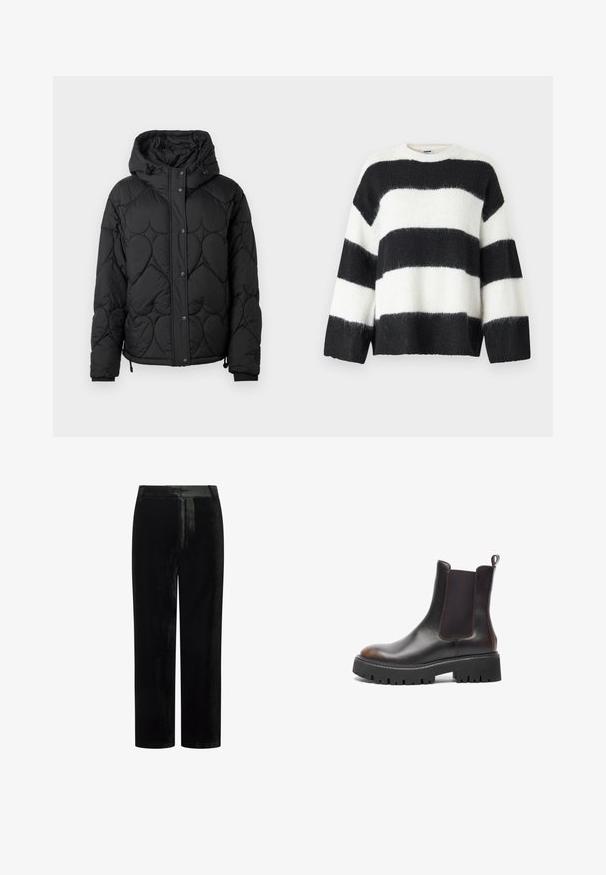 Veste rembourrée noire matelassée avec capuche, présentant un motif texturé, une fermeture à boutons-pression, des poignets élastiques et un ourlet ajustable avec cordon.; Pull à rayures noires et blanches avec une coupe ample, encolure ronde et manches longues ; fabriqué à partir d'un matériau doux et pelucheux.; Pantalon en velours noir à coupe droite, avec une ceinture plate et une texture lisse, adapté pour une tenue formelle ou décontractée.; Bottines en cuir brun avec des panneaux latéraux élastiques, semelle en caoutchouc noir épaisse, bout arrondi, couture contrastante et tirette à l'arrière.