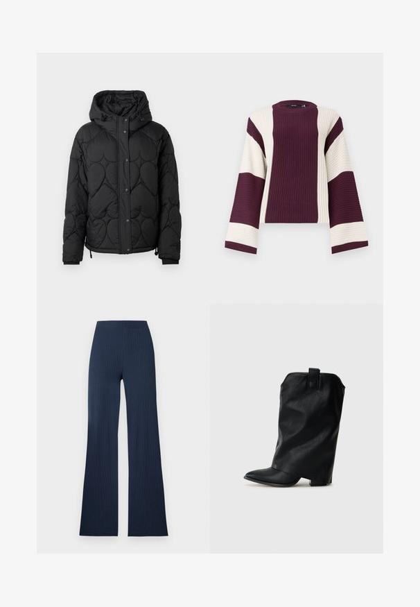 Veste rembourrée noire matelassée avec capuche, présentant un motif texturé, une fermeture à boutons-pression, des poignets élastiques et un ourlet ajustable avec cordon.; Pull en tricot avec des rayures horizontales en violet profond et crème, avec une texture côtelée, des manches larges et un col rond.; Pantalon large en maille côtelée bleu marine à taille haute et coupe droite, présenté à plat sur un fond blanc.; Bottine en cuir noir avec un bout pointu, une silhouette drapée et un petit talon bloc. Dotée d'une petite boucle à l'arrière pour un enfilage facile.