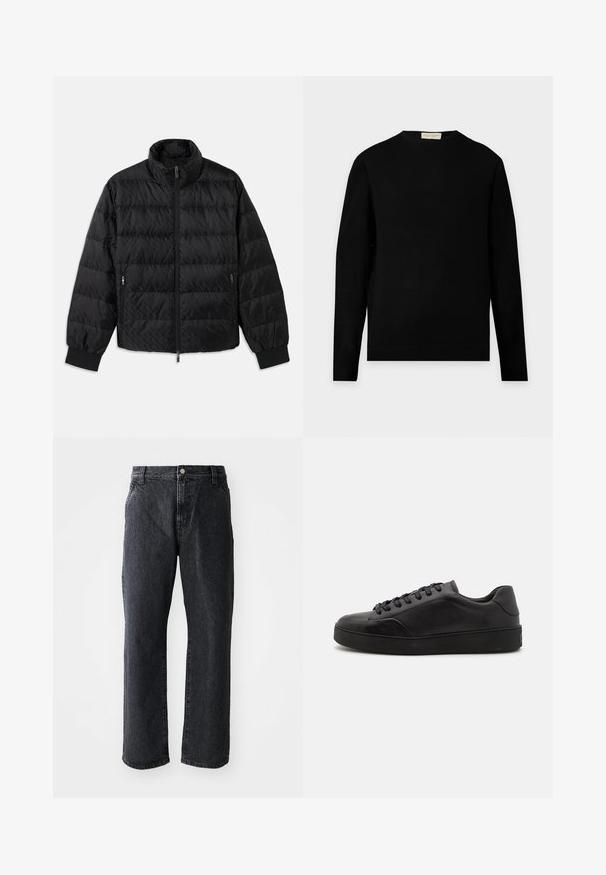 Sort quilted, polstret jakke med høj krave, frontal lynlås, lynlåslommer i siderne og elastiske manchetter på en hvid baggrund.; Sort langærmet crewneck-trøje med et enkelt, ensfarvet design, vist mod en lysegrå baggrund.; Sorte denim jeans med lige snit, med knaplukning, fem lommer og subtil tekstur. Klassisk design uden fremtrædende mønstre.; Sorte lædersneakers med rund tå, flad sål og traditionel snøring. Har en glat tekstur og diskrete detaljer på siden.