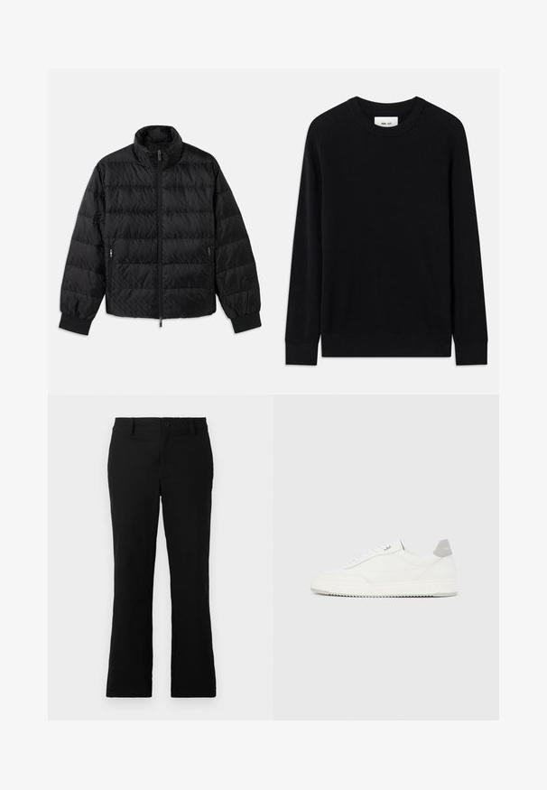 Schwarze, gesteppte, gepolsterte Jacke mit hohem Kragen, Frontreißverschluss, seitlichen Reißverschluss-Taschen und elastischen Bündchen auf einem weißen Hintergrund.; Schwarzer gerippter Pullover mit Rundhalsausschnitt, langen Ärmeln und gestrickter Textur. Verfügt über einen geraden Saum und ein dezentes Markenlabel innen.; Schwarze, weit geschnittene Hosen aus einem Baumwollgemisch, mit einem Knopfverschluss, Gürtelschlaufen und einer glatten Textur ohne sichtbare Muster.; Weißer Sneaker mit niedrigem Schaft, grauem Fersenlaschen, weißen Schnürsenkeln und einer strukturierten Sohle, dargestellt vor einem schlichten hellen Hintergrund.