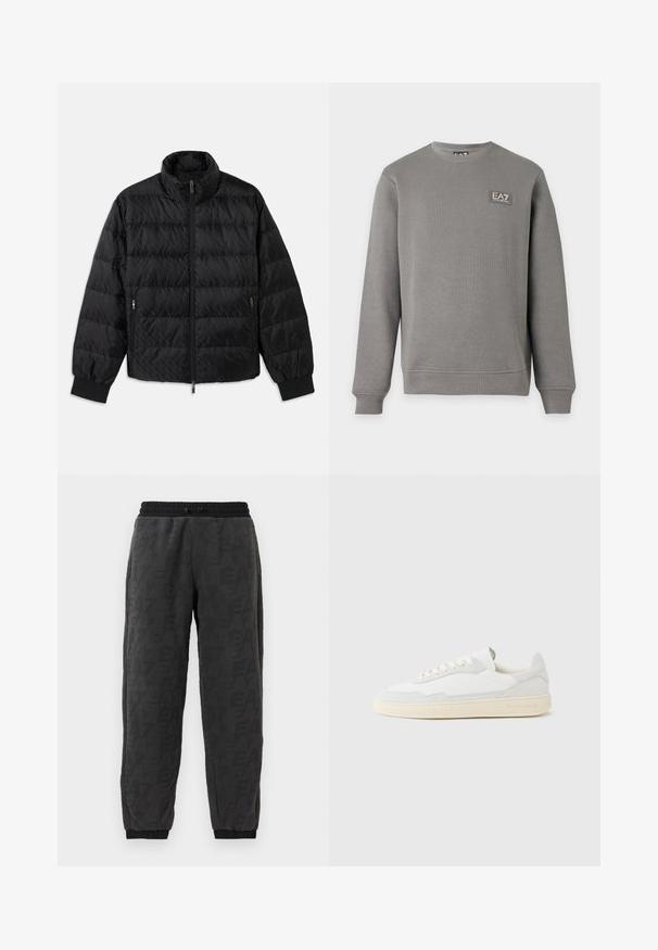 Schwarze, gesteppte, gepolsterte Jacke mit hohem Kragen, Frontreißverschluss, seitlichen Reißverschluss-Taschen und elastischen Bündchen auf einem weißen Hintergrund.; Grauer Sweatshirt mit langen Ärmeln und Rundhalsausschnitt, mit gerippten Bündchen und Saum, mit einem kleinen EA7 Emporio Armani Logo-Patch auf der oberen linken Brust.; Graue Jogginghosen aus strukturiertem Stoff mit einem Logo-Design über die gesamte Fläche, elastischem Bund und elastischen Bündchen an den Knöcheln.; Weißer Sneaker mit strukturiertem Obermaterial aus Wildleder und Leder. Verfügt über eine runde Zehenpartie, Schnürverschluss und eine kontrastierende beige Gummisohle.