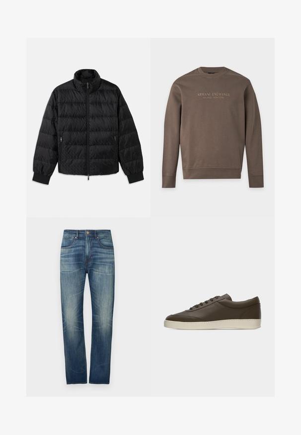 Sort quilted, polstret jakke med høj krave, frontal lynlås, lynlåslommer i siderne og elastiske manchetter på en hvid baggrund.; Brun sweatshirt med lange ærmer og rund hals med teksten "Armani Exchange Milano / New York" trykt over brystet.; Mørkeblå denimjeans med straight ben, der har let falmet effekt, fem lommer og en knaplukning ved taljen.; Low-top mørkebrun lædersneaker med snørelukning foran og cremefarvet gummisål, vist fra ydersiden mod hvid baggrund.