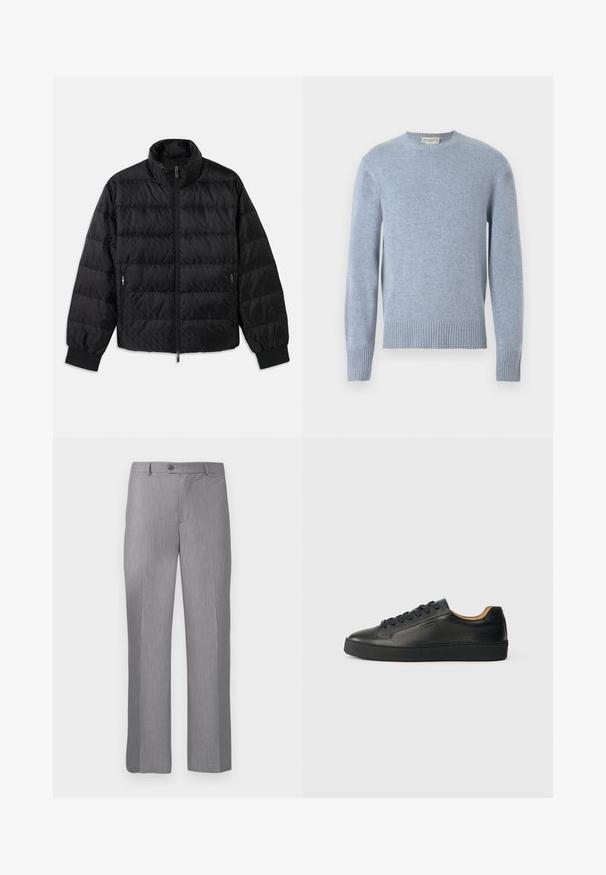 Schwarze, gesteppte, gepolsterte Jacke mit hohem Kragen, Frontreißverschluss, seitlichen Reißverschluss-Taschen und elastischen Bündchen auf einem weißen Hintergrund.; Helles blaues Strickpullover mit Rundhalsausschnitt, gerippten Bündchen und Saum. Hergestellt aus weichem Material, mit glatter Textur und dezentem Finish.; Grau maßgeschneiderte Anzughose mit Gürtelschlaufen, vorderem Knopf und Reißverschluss, mit geradem Bein-Schnitt.; Schwarze, niedrig geschnittene Ledersneaker mit strukturierter Oberfläche, schwarzen Schnürsenkeln und dicker Gummisohle, seitlich auf einem hellen Hintergrund dargestellt.