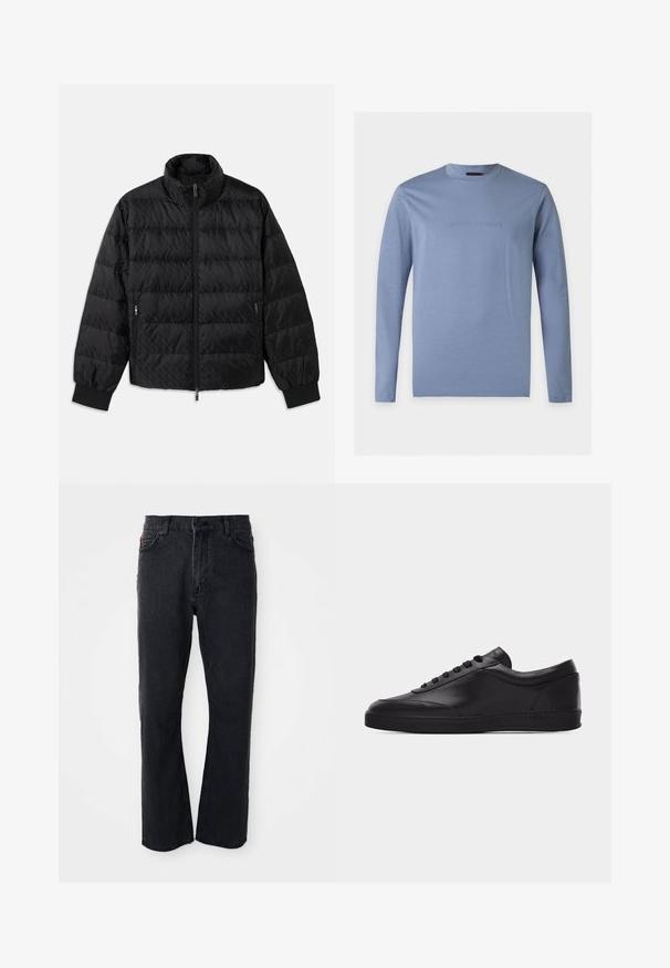 Zwarte gewatteerde jas met hoge kraag, voorrits, ritszakken aan de zijkanten en elastische manchetten op een witte achtergrond.; Lichtblauw T-shirt met lange mouwen en ronde hals met geperst Emporio Armani-logo in het midden van de borst tegen een witte achtergrond.; Zwarte denim jeans met een rechte pijp, hoge taille, knoopsluiting en subtiele stiksels langs de zakken en naden.; Zwarte lage leren sneaker met vetersluiting aan de voorkant en een platte rubberen zool, gezien van de zijkant tegen een effen witte achtergrond.