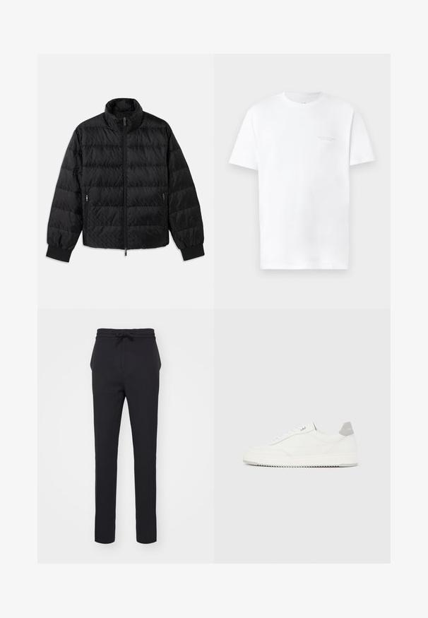 Schwarze, gesteppte, gepolsterte Jacke mit hohem Kragen, Frontreißverschluss, seitlichen Reißverschluss-Taschen und elastischen Bündchen auf einem weißen Hintergrund.; Weißes Baumwoll-T-Shirt mit kurzen Ärmeln, Rundhalsausschnitt, mit subtiler grauer Logodruck auf der linken Brustseite und glatter Textur.; Schwarze, tapered Hosen aus einem weichen Stoff. Verfügt über einen Kordelzugbund und seitliche Taschen mit glatter Textur.; Weißer Sneaker mit niedrigem Schaft, grauem Fersenlaschen, weißen Schnürsenkeln und einer strukturierten Sohle, dargestellt vor einem schlichten hellen Hintergrund.