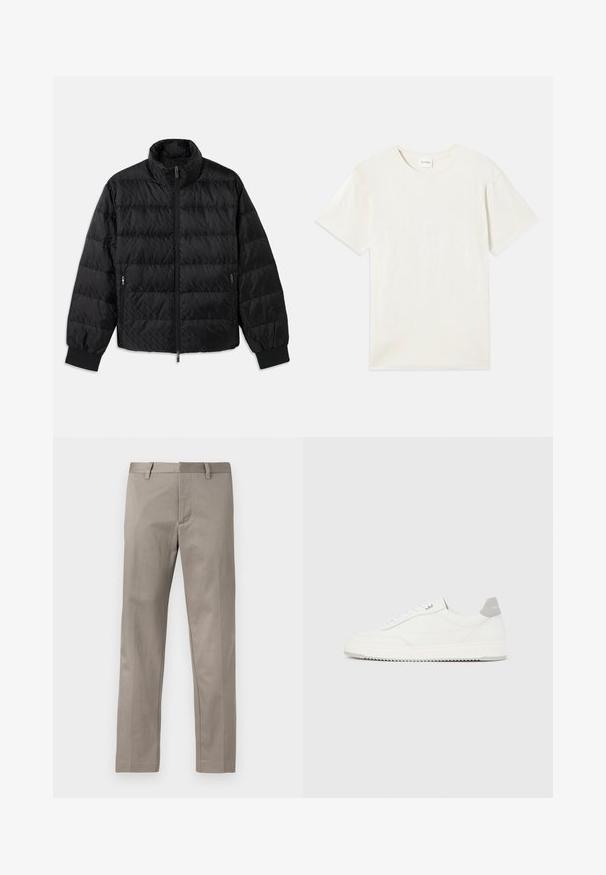 Sort quilted, polstret jakke med høj krave, frontal lynlås, lynlåslommer i siderne og elastiske manchetter på en hvid baggrund.; Korte ærmer, crew neck t-shirt i lys beige, blødt bomuldsstof med en afslappet pasform og uden synlige mønstre eller accenter.; Lysegrå bukser med lige ben, lavet af glat stof, med flad front og almindelig talje med bæltestropper.; Hvid lavtop-sneaker med gråt hælflig, hvide snørebånd og tekstureret sål, vist på en ensfarvet lys baggrund.