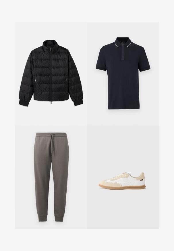 Schwarze, gesteppte, gepolsterte Jacke mit hohem Kragen, Frontreißverschluss, seitlichen Reißverschluss-Taschen und elastischen Bündchen auf einem weißen Hintergrund.; Marineblaues Poloshirt mit kurzen Ärmeln, weißem Kragenbesatz und verdeckter Knopfleiste, auf neutralem Hintergrund dargestellt.; Graue Sweatpants mit einem Kordelzugbund, schmal zulaufenden Beinen und gerippten Bündchen. Glatte Textur mit einem dezenten Logodetail.; Weißer Sneaker mit hellbeigen Wildledereinsätzen, perforierten Details, flachen Schnürsenkeln und einer Gummisohle in Karamellfarbe. Mit gestreiftem Markenlogo an der Ferse.