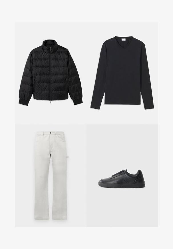 Schwarze, gesteppte, gepolsterte Jacke mit hohem Kragen, Frontreißverschluss, seitlichen Reißverschluss-Taschen und elastischen Bündchen auf einem weißen Hintergrund.; Schwarzes langärmliges T-Shirt mit V-Ausschnitt, aus weichem Stoff gefertigt, mit gerader Passform und ohne sichtbare Muster oder Akzente.; Helle graue Hose mit gerader Passform, aus glattem Baumwollstoff gefertigt, mit Eingrifftaschen vorne und einer seitlichen Cargo-Tasche.; Schwarze Leder-Sneaker mit glatter Oberfläche, abgerundeter Zehenpartie, strukturiertem Seitenpaneel und schwarzen Schnürsenkeln. Verfügt über eine flache Gummisohle und ein minimalistisches Design.
