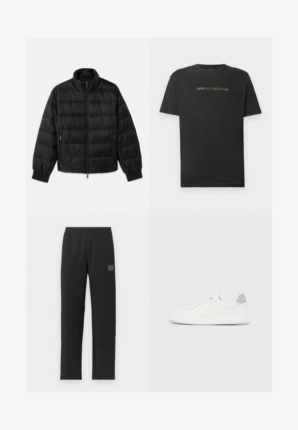 Chaqueta acolchada negra con acolchado, cuello alto, cremallera frontal, bolsillos laterales con cremallera y puños elásticos sobre un fondo blanco.; Camiseta de algodón negra de manga corta y cuello redondo con "ARMANI EXCHANGE" impreso en letras doradas en el pecho.; Pantalones de chándal negros de pierna recta con cintura elástica y logotipo negro en el muslo izquierdo superior.; Zapatilla blanca de corte bajo con pestaña en el talón gris, cordones blancos y suela texturizada, presentada sobre un fondo claro y liso.