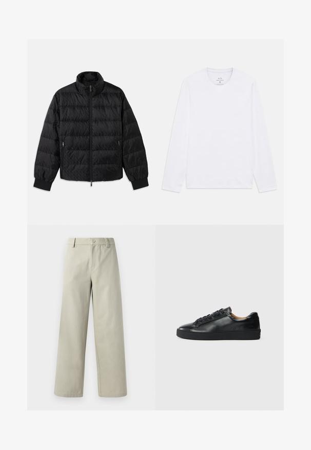 Zwarte gewatteerde jas met hoge kraag, voorrits, ritszakken aan de zijkanten en elastische manchetten op een witte achtergrond.; Witte langemouwen ronde hals shirt met het Armani Exchange logo afgedrukt binnen de halslijn, maat medium.; Han Kjøbenhavn WIDE LEG - Broek - light grey; Zwarte leren sneaker met een gladde textuur, ronde neus en vetersluiting. Heeft een dikke rubberen zool en minimale merkaanpassing.