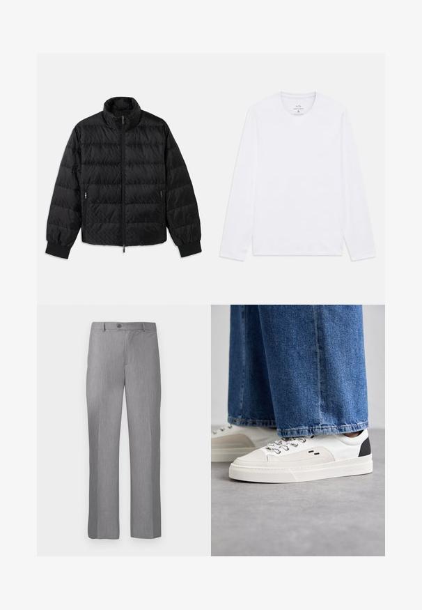 Chaqueta acolchada negra con acolchado, cuello alto, cremallera frontal, bolsillos laterales con cremallera y puños elásticos sobre un fondo blanco.; Camisa blanca de manga larga con cuello redondo y el logo de Armani Exchange impreso en el interior del cuello, talla mediana.; Pantalones de traje grises ajustados con pasadores para cinturón, botón frontal y cremallera, con un corte de pierna recta.; Zapatillas blancas y negras con una parte superior de cuero suave, acentos texturizados y una suela blanca gruesa. Presenta un diseño clásico de cordones.
