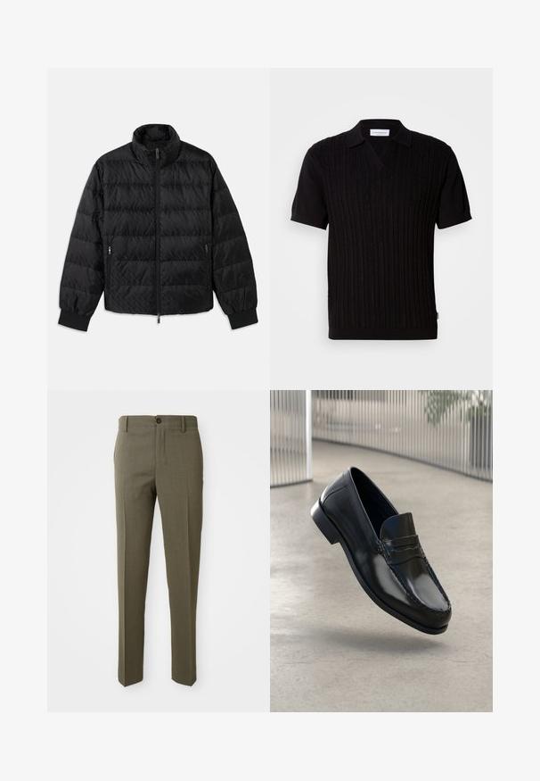 Zwarte gewatteerde jas met hoge kraag, voorrits, ritszakken aan de zijkanten en elastische manchetten op een witte achtergrond.; Zwart polo-shirt met korte mouwen en een geribbelde textuur, met een V-hals en kabelgebreid patroon. De stof is glad met een subtiele glans.; Olijfgroene op maat gemaakte broeken met een gladde textuur, recht pijpdesign, enkele frontknop en zijzakken voor functionaliteit.; Zwarte leren loafers met een gladde afwerking, een afgeronde neus, decoratieve stiksels en een licht verhoogde zool.