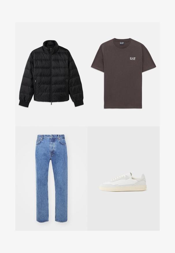 Zwarte gewatteerde jas met hoge kraag, voorrits, ritszakken aan de zijkanten en elastische manchetten op een witte achtergrond.; Donkergrijze T-shirt met korte mouwen en ronde hals, met klein wit EA7 Emporio Armani-logo op de linkerborst en een label in de hals.; Won Hundred STEVE - Relaxed fit jeans - cut blue; Witte sneaker met een bovenwerk van gestructureerd suède en leer. Voorzien van een afgeronde neus, vetersluiting en een contrasterende beige rubberen zool.