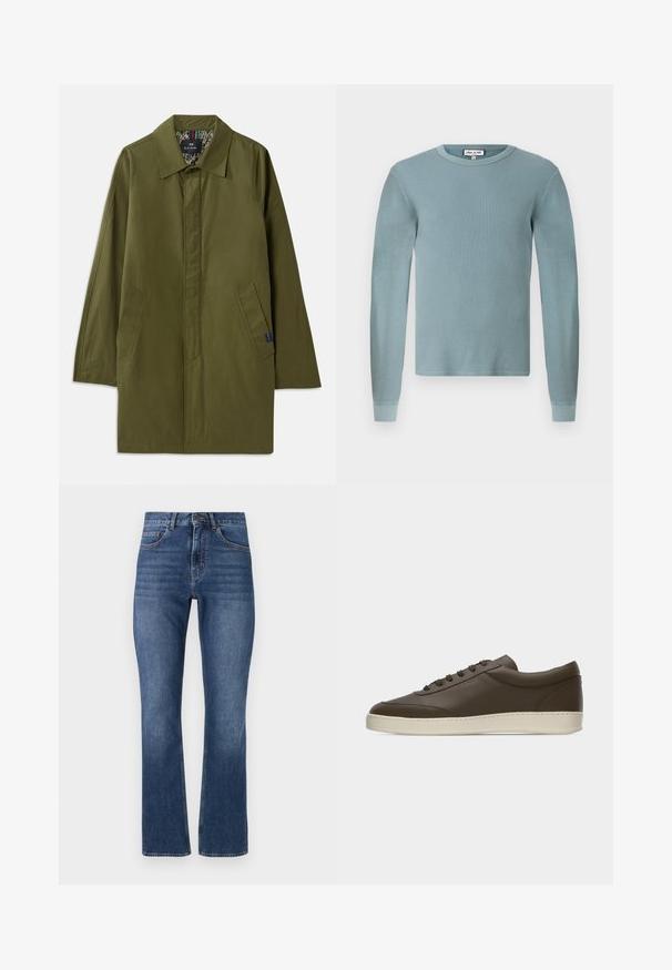 Manteau léger vert olive avec un col pointu, deux poches latérales et une doublure intérieure à motifs. Présente une coupe décontractée et droite.; Chemise à manches longues bleu clair avec une texture côtelée et un col rond. Présente des poignets ajustés et une étiquette de marque simple sur le col.; Jean en denim bleu avec une coupe droite, dotés de poches standard et d'une taille piquée, affichant un lavage moyen et un léger délavage.; Baskets basses en cuir marron foncé avec lacets sur le devant et semelle en caoutchouc couleur crème, vues de côté extérieur sur fond blanc.